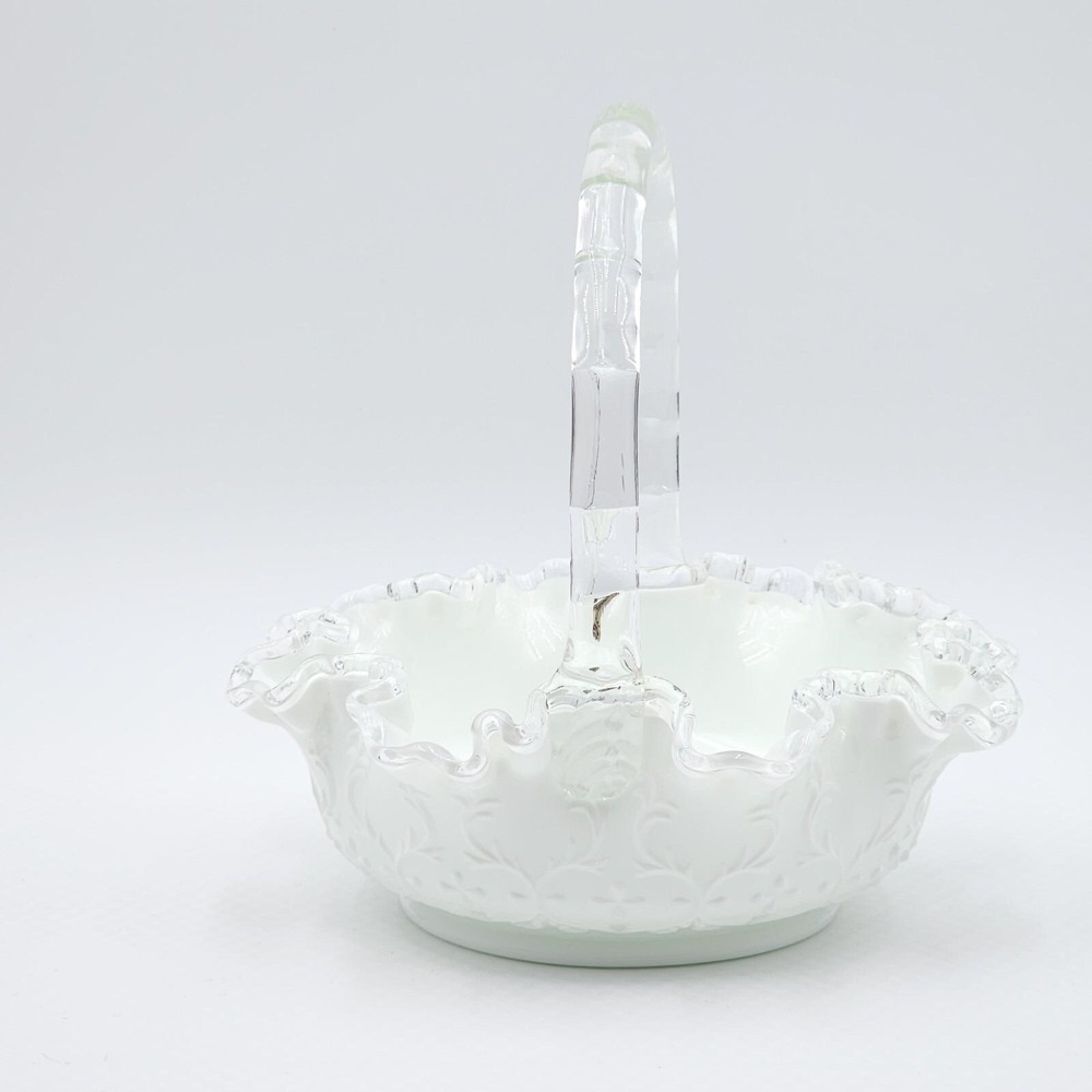 Fenton Spanish Lace White Milk Glass Silver Crest Basket Clear Rim Vintage - Picture 4 of 13